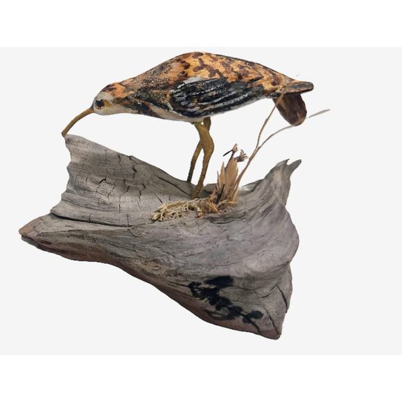 2-Hand-Carved Driftwood Sculptures ShoreBird w/Grass, Seashells/Owl Googly Eyes - Picture 3 of 8